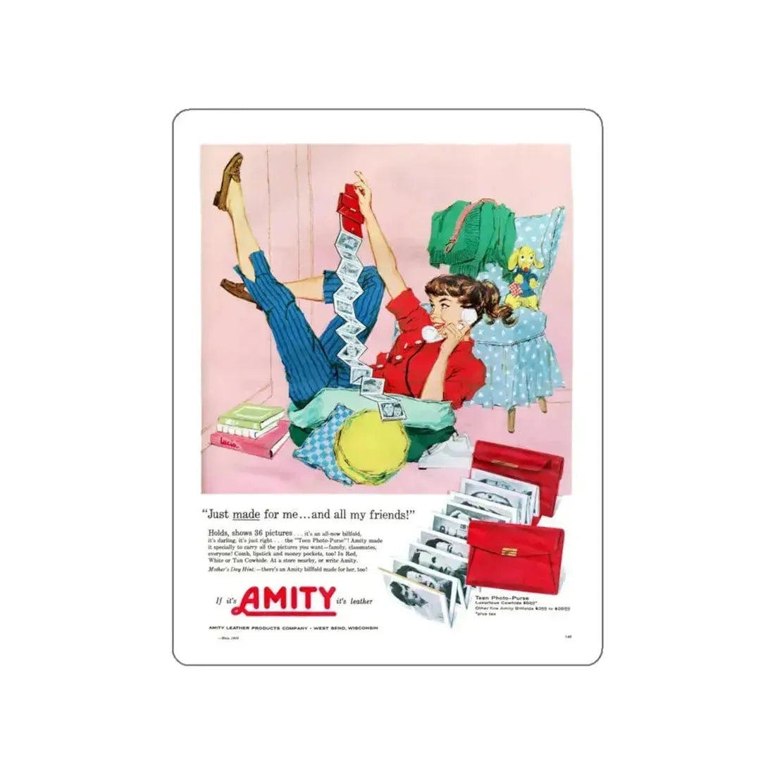 Amity advertisement, Seventeen magazine, May 1958 (Magazine Illustration) STICKER Vinyl Die-Cut Decal White Die-Cut 4 Inch - The Sticker Space