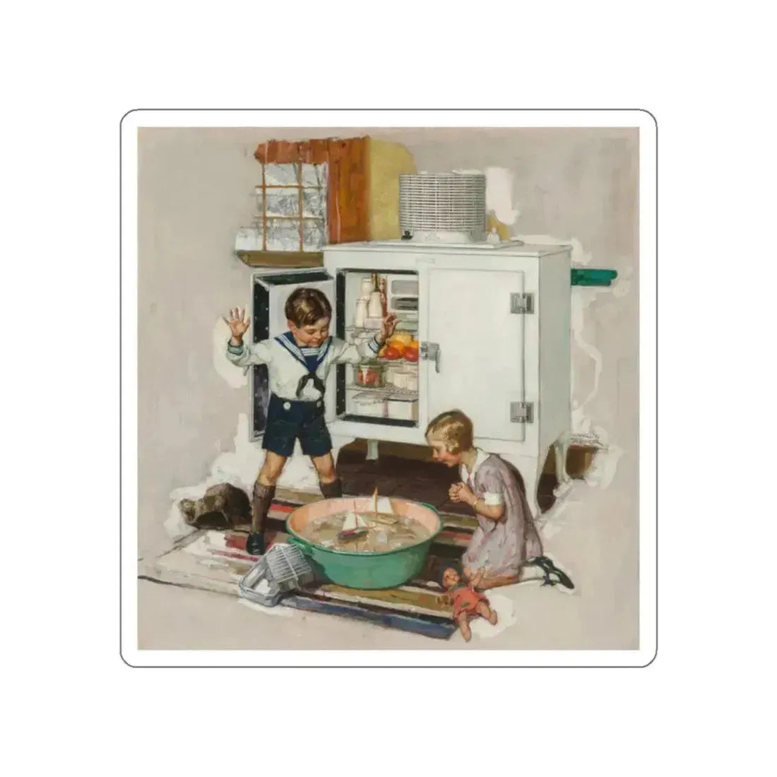 Among the Ice Cubes, General Electric refrigerator advertisement, 1931 (Magazine Illustration) STICKER Vinyl Die-Cut Decal White Die-Cut 2 Inch - The Sticker Space