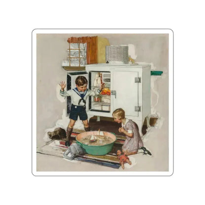 Among the Ice Cubes, General Electric refrigerator advertisement, 1931 (Magazine Illustration) STICKER Vinyl Die-Cut Decal White Die-Cut 3 Inch - The Sticker Space