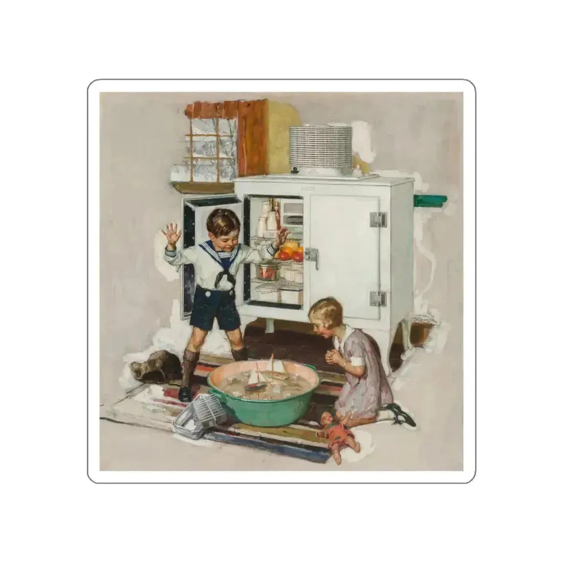Among the Ice Cubes, General Electric refrigerator advertisement, 1931 (Magazine Illustration) STICKER Vinyl Die-Cut Decal White Die-Cut 5 Inch - The Sticker Space
