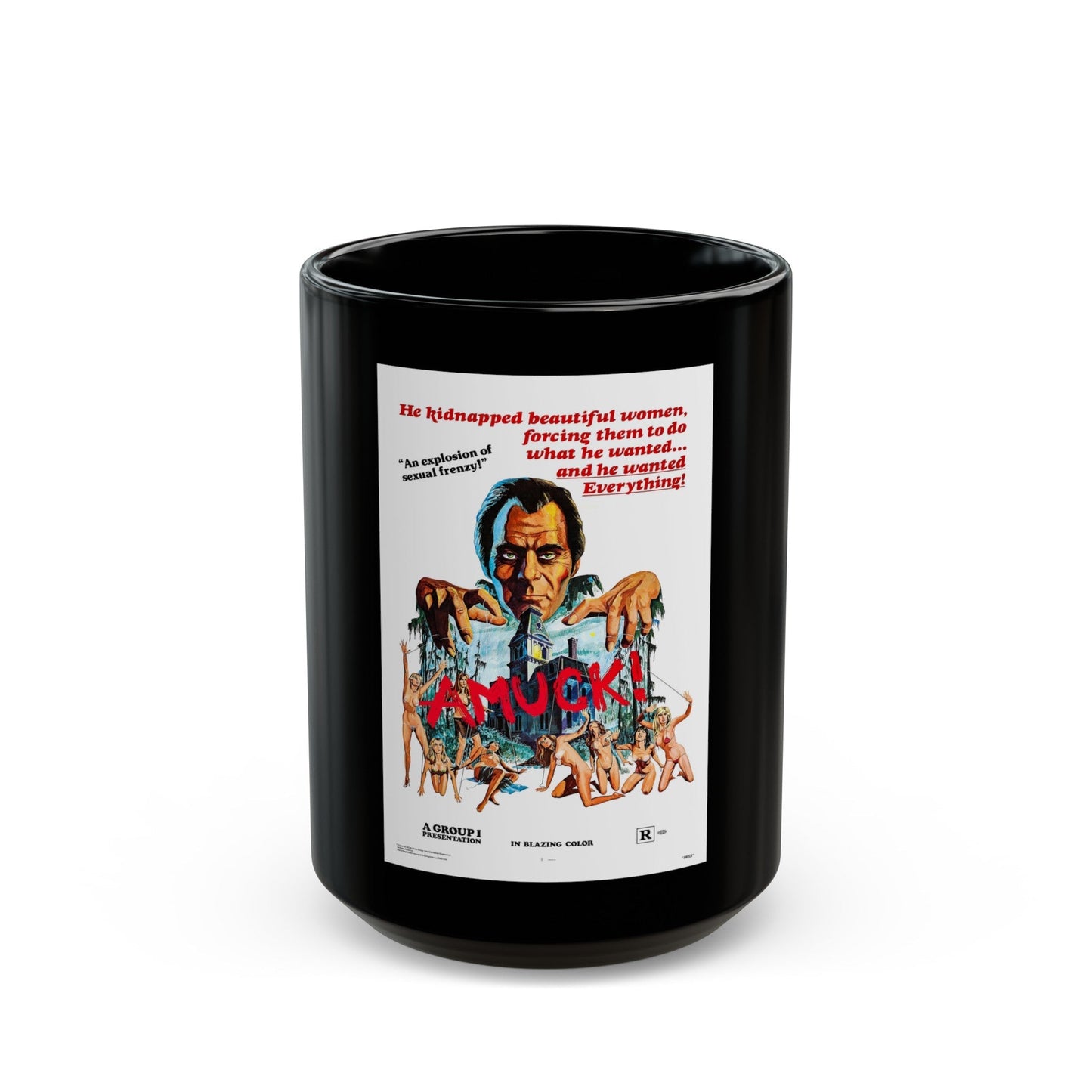 AMUCK! 1972 Movie Poster - Black Coffee Mug-15oz-The Sticker Space