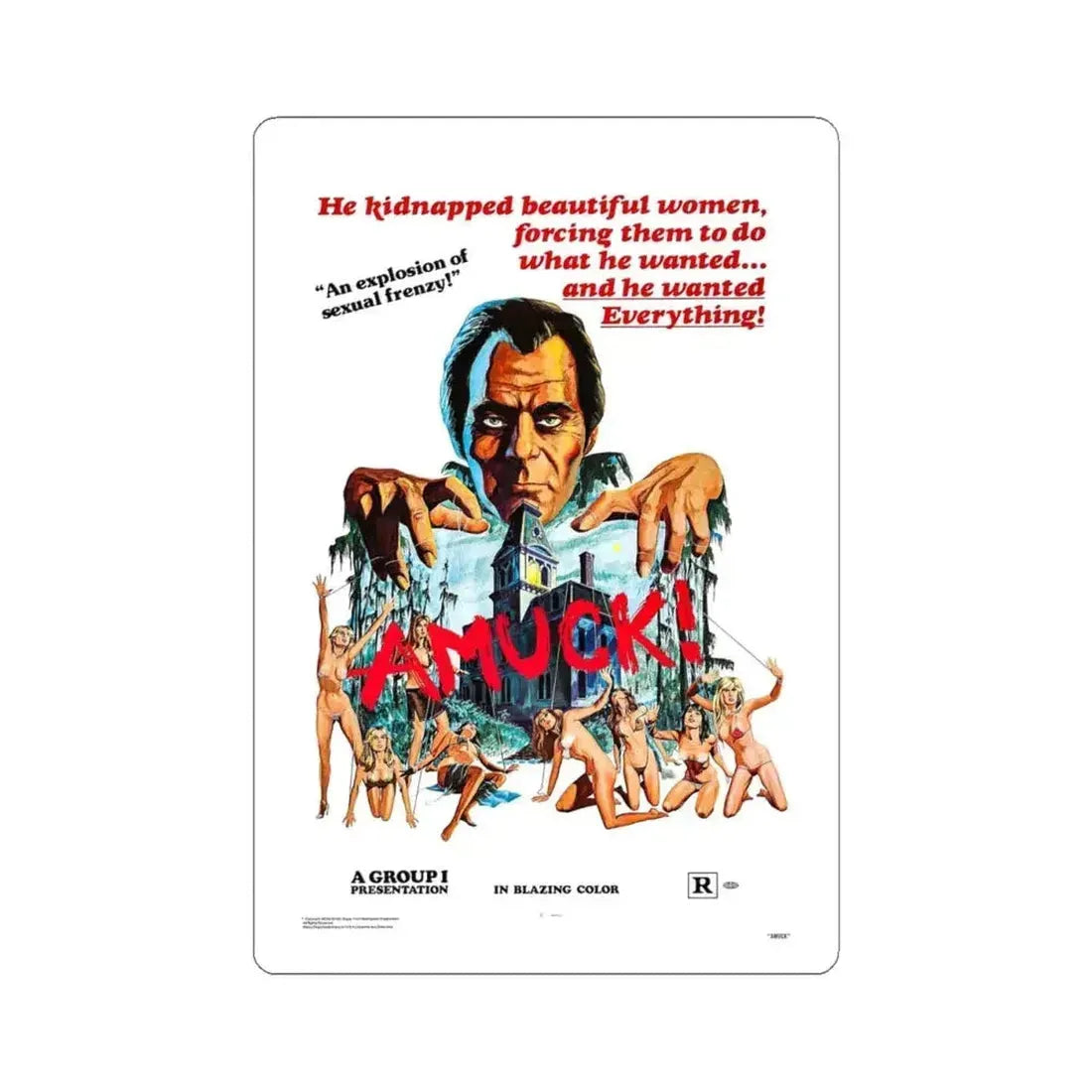 AMUCK! 1972 Movie Poster - STICKER Vinyl Kiss-Cut Decal 4 Inch White - The Sticker Space