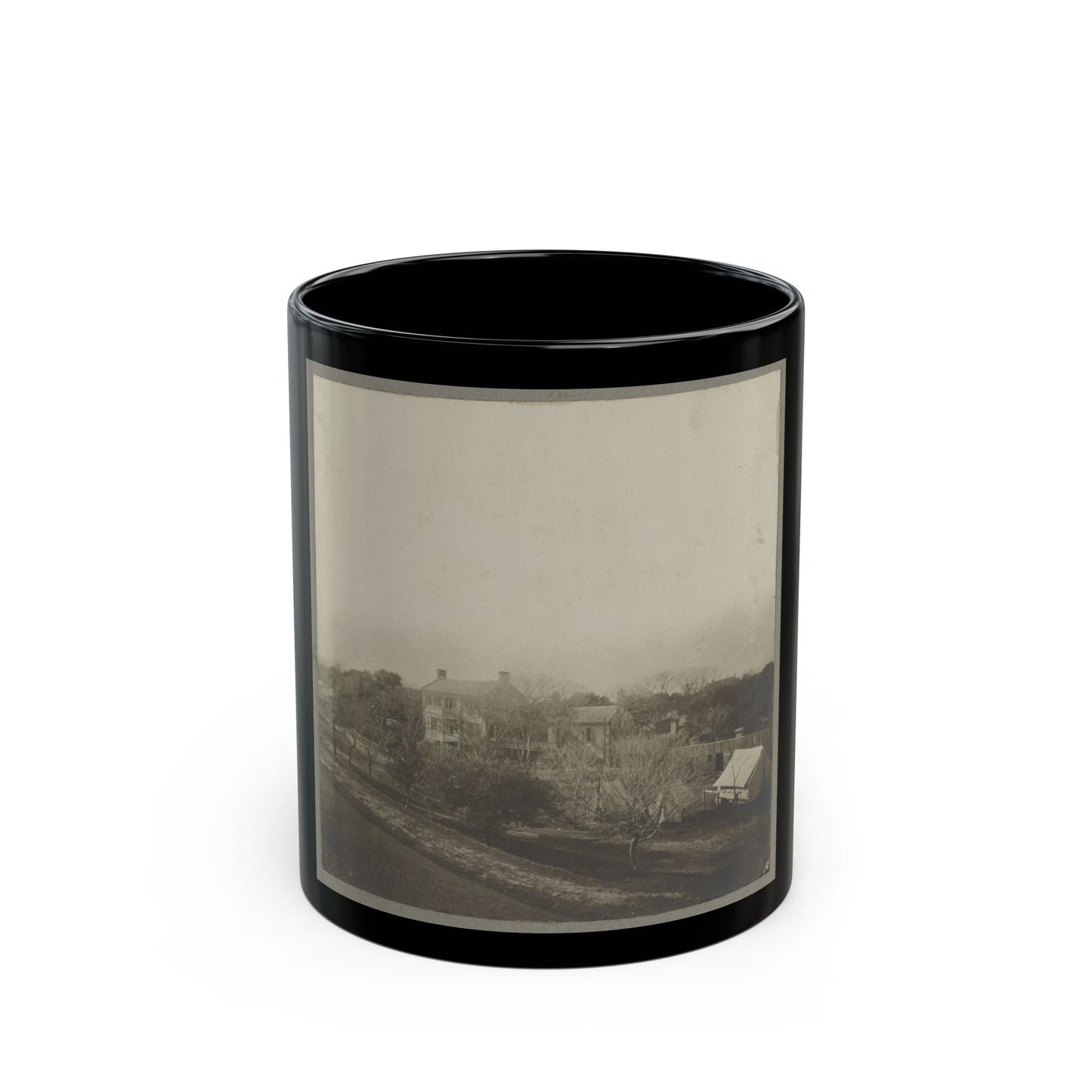 An Aerial View Of A House, Tents, And Other Buildings Partly Obscured By Trees (U.S. Civil War) Black Coffee Mug