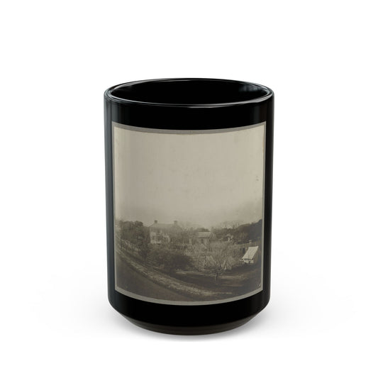 An Aerial View Of A House, Tents, And Other Buildings Partly Obscured By Trees (U.S. Civil War) Black Coffee Mug