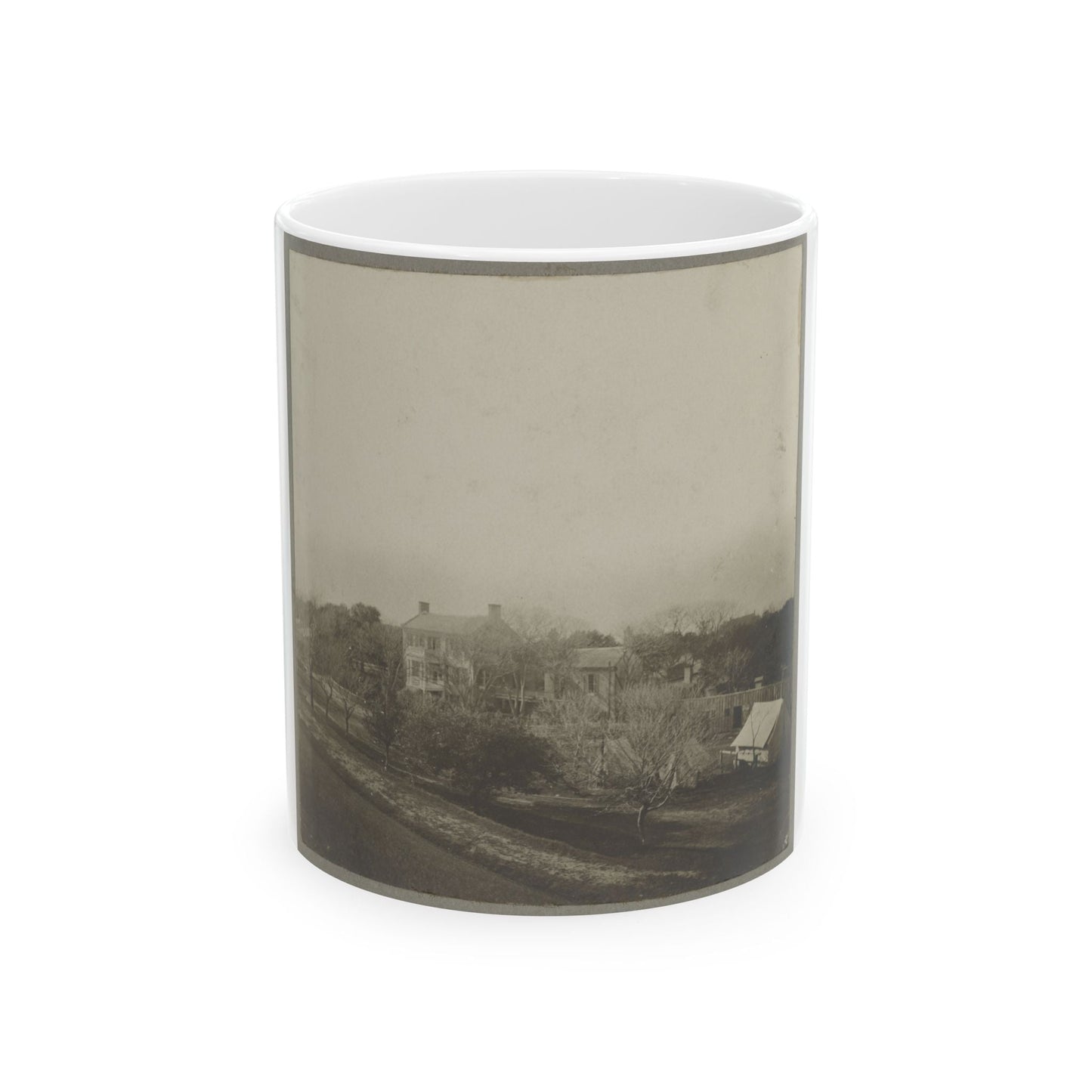 An Aerial View Of A House, Tents, And Other Buildings Partly Obscured By Trees (U.S. Civil War) White Coffee Mug