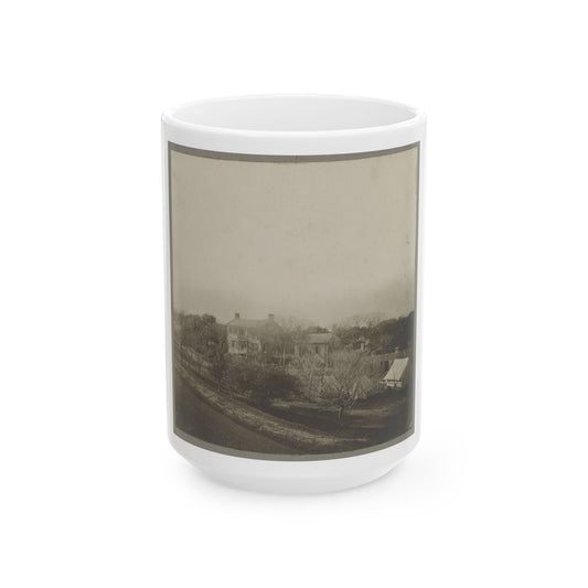 An Aerial View Of A House, Tents, And Other Buildings Partly Obscured By Trees (U.S. Civil War) White Coffee Mug