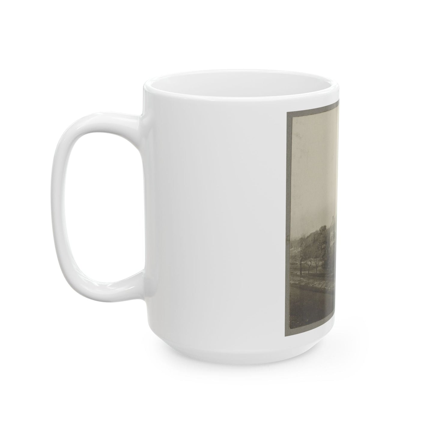 An Aerial View Of A House, Tents, And Other Buildings Partly Obscured By Trees (U.S. Civil War) White Coffee Mug