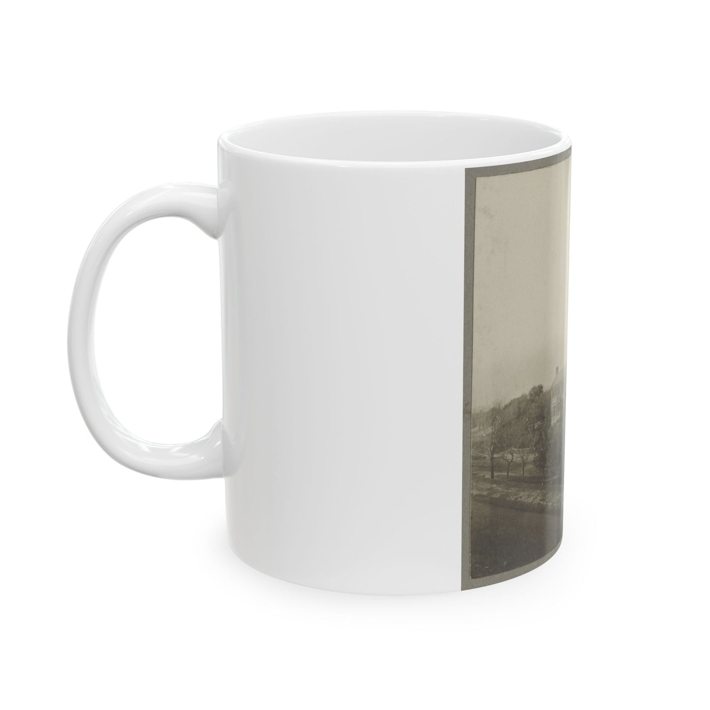 An Aerial View Of A House, Tents, And Other Buildings Partly Obscured By Trees (U.S. Civil War) White Coffee Mug