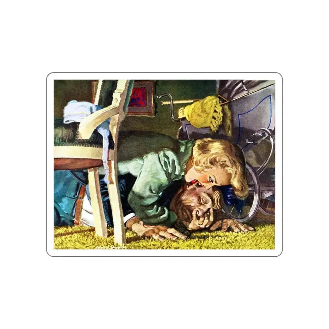 An overweight villain gets his comeuppance from a furious female, The Saturday Evening Post (Magazine Illustration) STICKER Vinyl Die-Cut Decal White Die-Cut 5 Inch - The Sticker Space