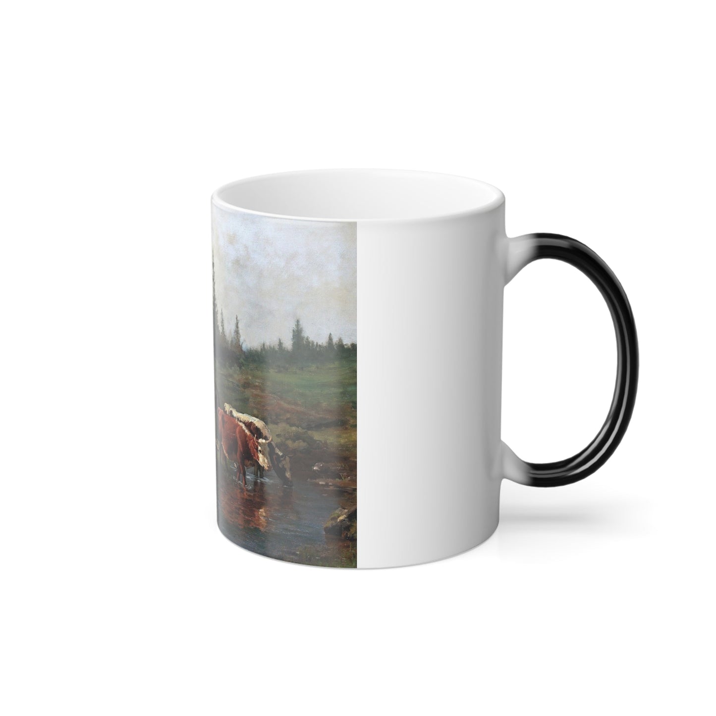 Anders Askevold (1834-1900) Landscape with Cattle Watering - oil on canvas - Color Changing Mug 11oz-11oz-The Sticker Space