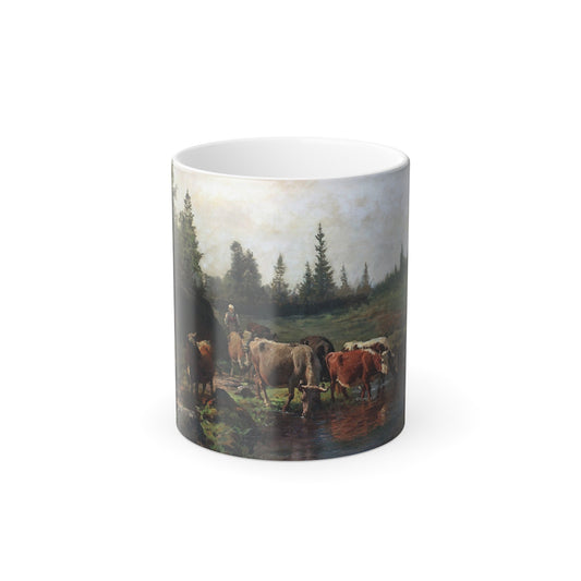 Anders Askevold (1834-1900) Landscape with Cattle Watering - oil on canvas - Color Changing Mug 11oz-11oz-The Sticker Space