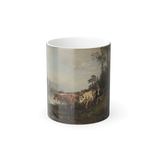 Anders Askevold (1834-1900) Moving the Cattle - oil on canvas 1870 - Color Changing Mug 11oz-11oz-The Sticker Space