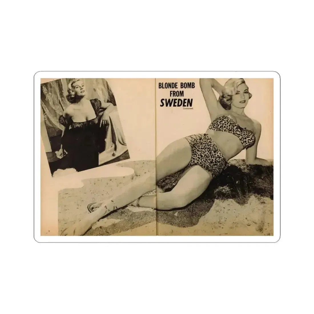 Anita Ekberg #319 - 2 Pages, 1 B&W Photo & 1 B&W Centerfold Photo from Glamorous Models Mag. May '54 (Vintage Female Icon) STICKER Vinyl Kiss-Cut Decal 4 Inch White - The Sticker Space