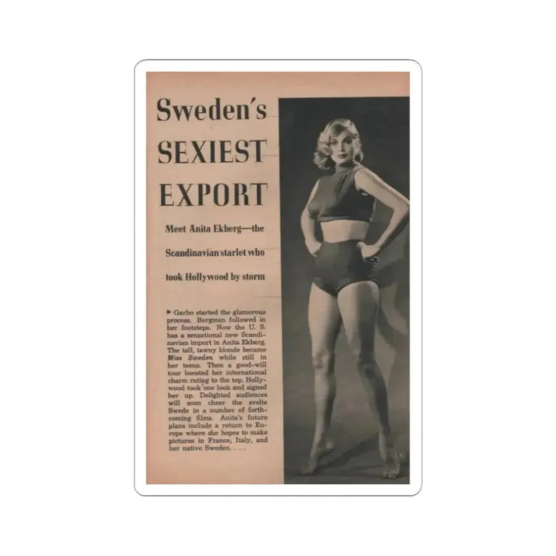Anita Ekberg #411 - EYE Digest Mag. Nov. '53 - 1 Page & 1 B&W Photo (Vintage Female Icon) STICKER Vinyl Kiss-Cut Decal 2 Inch White - The Sticker Space