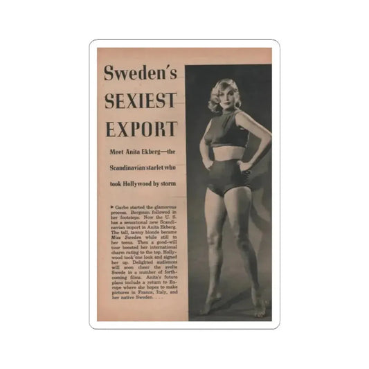 Anita Ekberg #411 - EYE Digest Mag. Nov. '53 - 1 Page & 1 B&W Photo (Vintage Female Icon) STICKER Vinyl Kiss-Cut Decal 2 Inch White - The Sticker Space