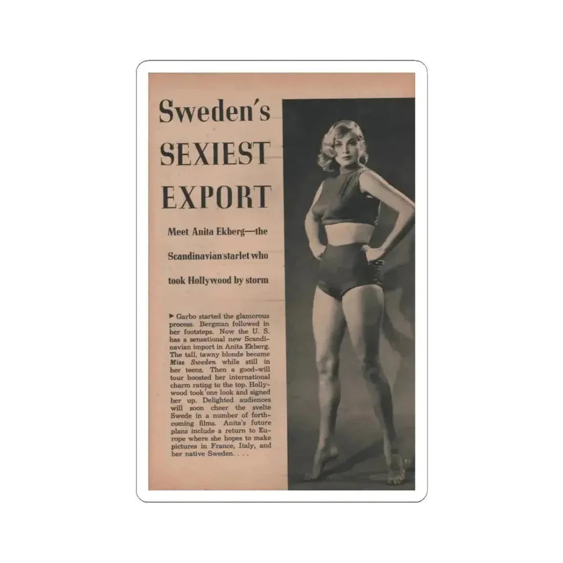 Anita Ekberg #411 - EYE Digest Mag. Nov. '53 - 1 Page & 1 B&W Photo (Vintage Female Icon) STICKER Vinyl Kiss-Cut Decal 3 Inch White - The Sticker Space
