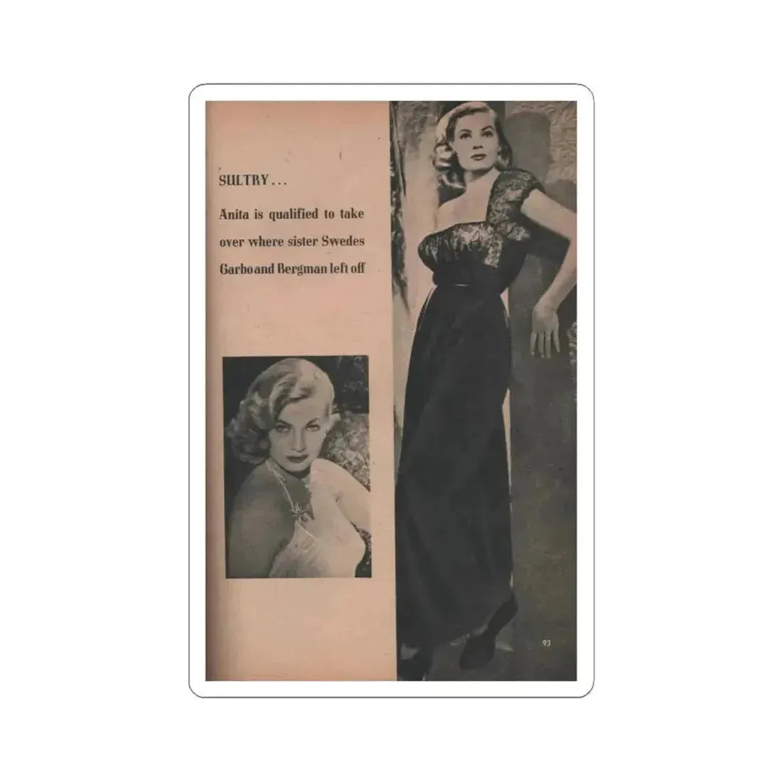 Anita Ekberg #413 - EYE Digest Mag. Nov. '53 - 1 Page, 2 B&W Pics & Caption (Vintage Female Icon) STICKER Vinyl Kiss-Cut Decal 4 Inch White - The Sticker Space