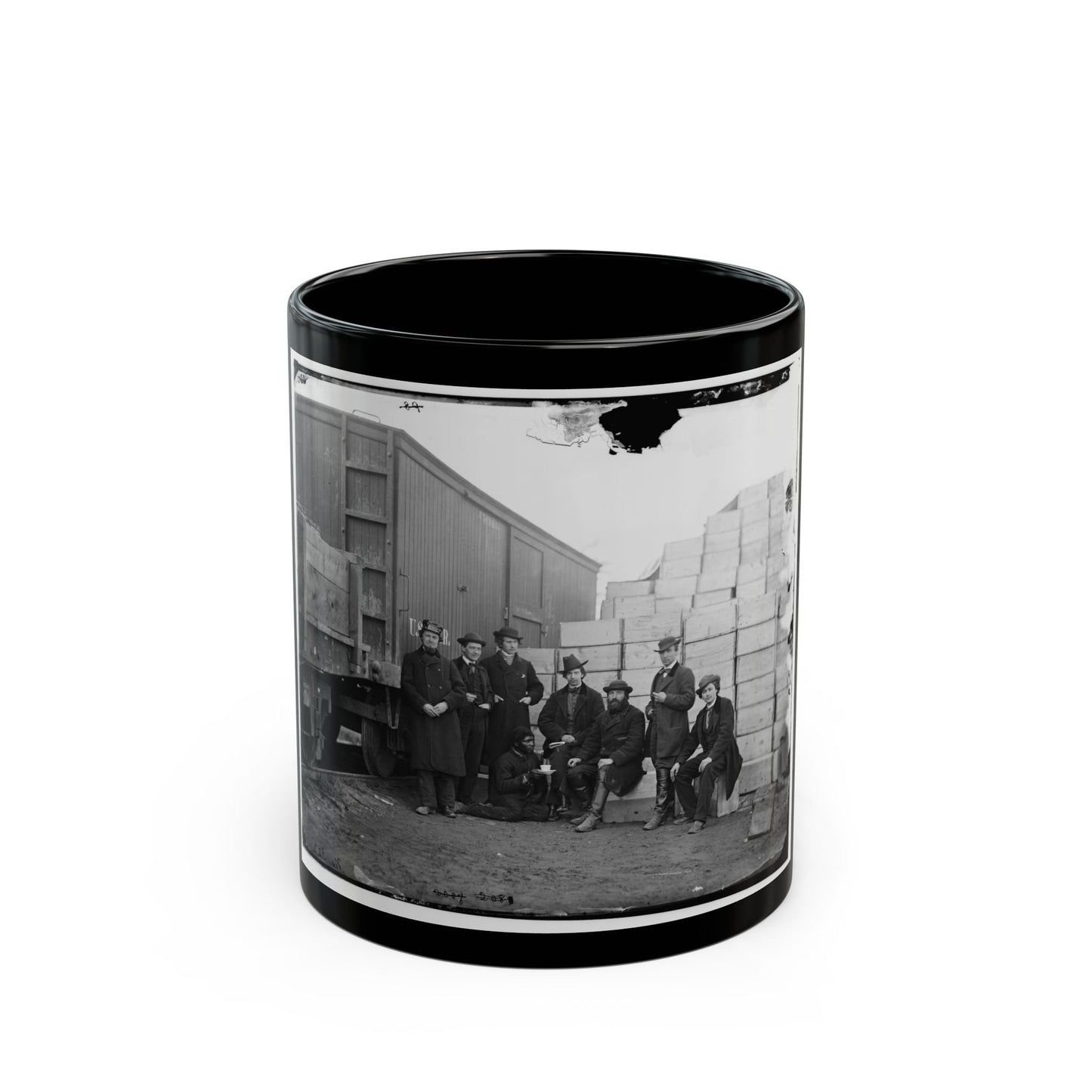 Aquia Creek Landing, Va. Clerks Of The Commissary Depot By Railroad Car And Packing Cases (U.S. Civil War) Black Coffee Mug