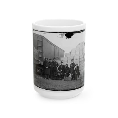 Aquia Creek Landing, Va. Clerks Of The Commissary Depot By Railroad Car And Packing Cases (U.S. Civil War) White Coffee Mug