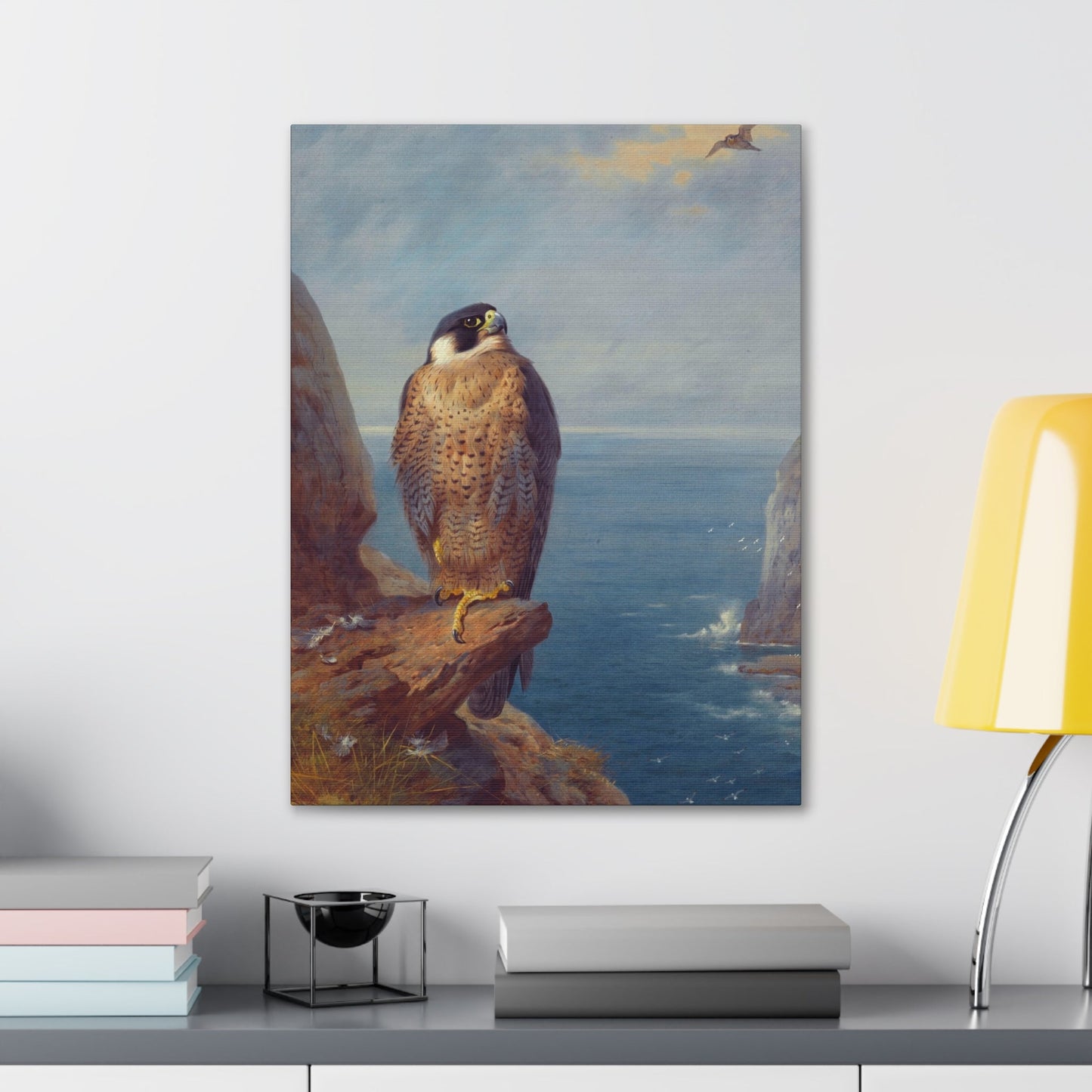 Archibald Thorburn (1860-1935) A Peregrine Falcon Perched on a Sea Cliff - Watercolour with bodycolour o - Canvas Wall Art-The Sticker Space