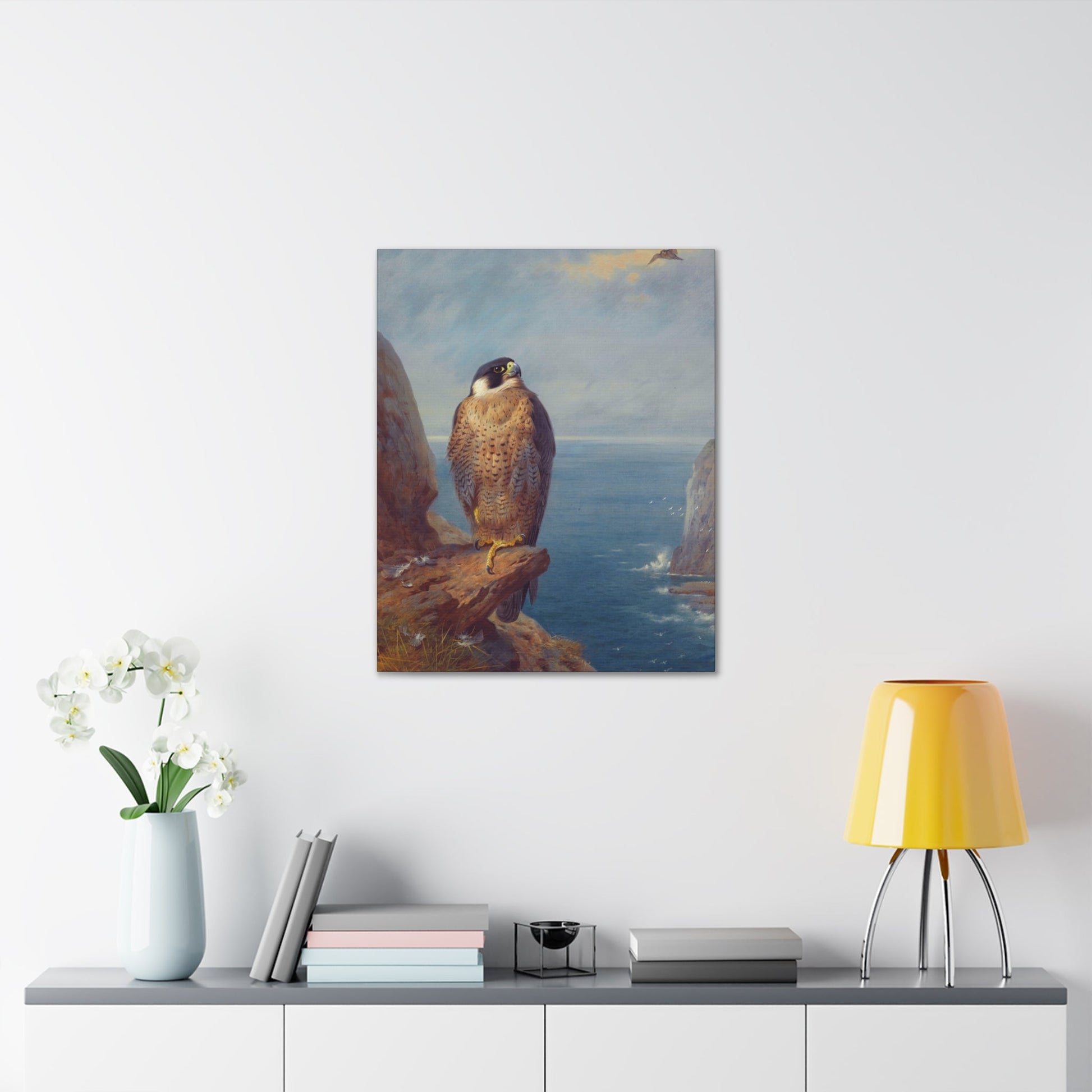 Archibald Thorburn (1860-1935) A Peregrine Falcon Perched on a Sea Cliff - Watercolour with bodycolour o - Canvas Wall Art-The Sticker Space