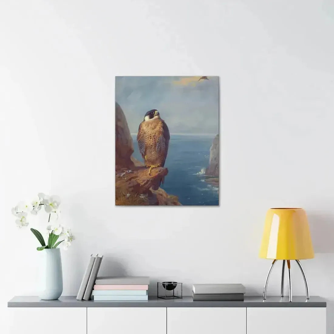 Archibald Thorburn (1860-1935) A Peregrine Falcon Perched on a Sea Cliff - Watercolour with bodycolour o - Canvas Wall Art - The Sticker Space