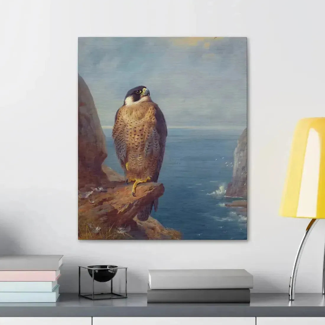 Archibald Thorburn (1860-1935) A Peregrine Falcon Perched on a Sea Cliff - Watercolour with bodycolour o - Canvas Wall Art - The Sticker Space