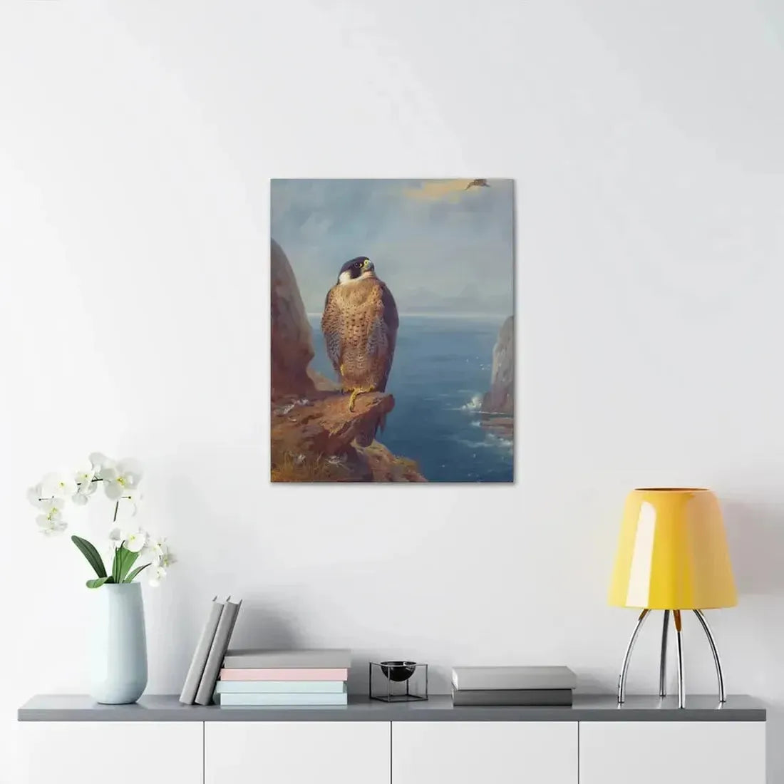 Archibald Thorburn (1860-1935) A Peregrine Falcon Perched on a Sea Cliff - Watercolour with bodycolour o - Canvas Wall Art - The Sticker Space