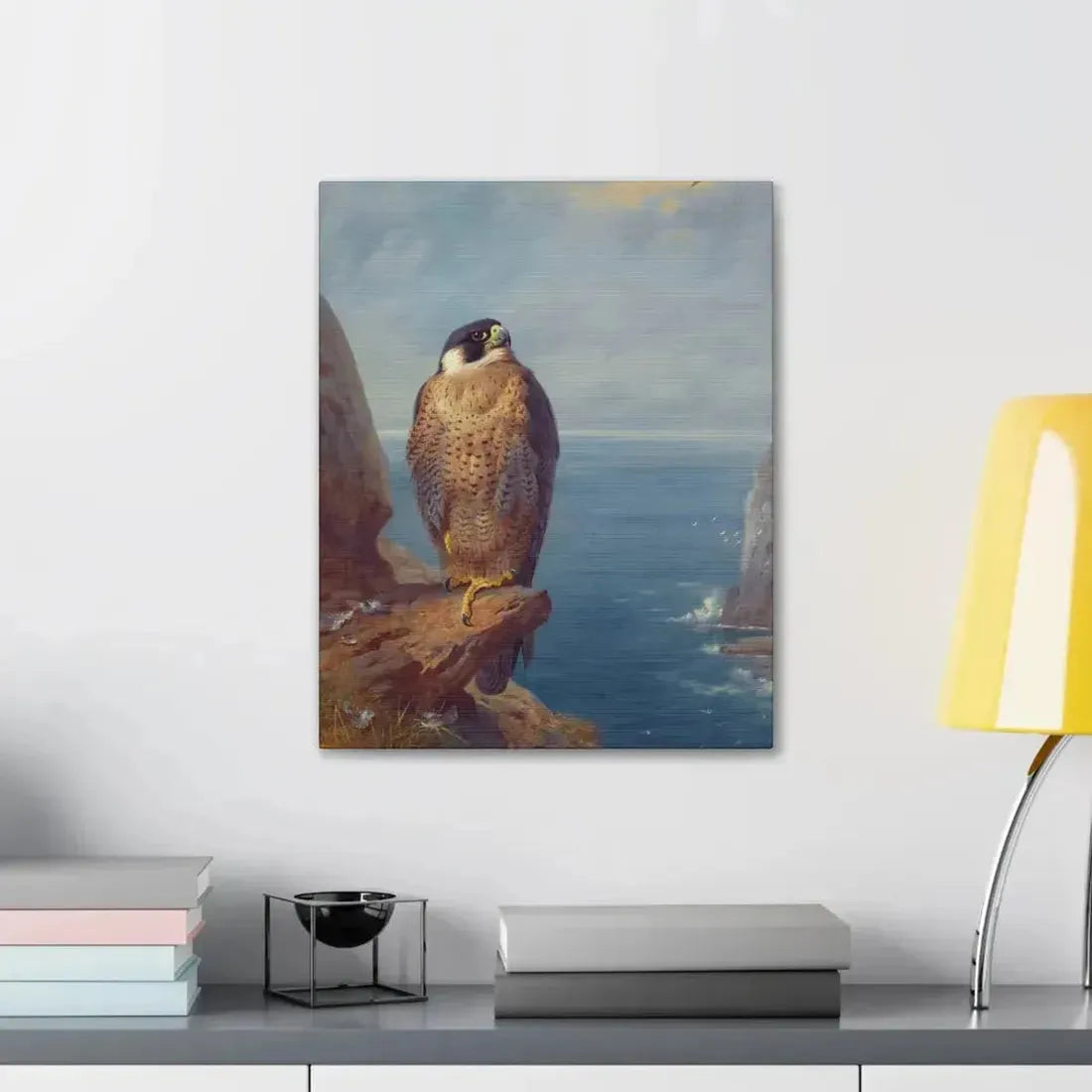 Archibald Thorburn (1860-1935) A Peregrine Falcon Perched on a Sea Cliff - Watercolour with bodycolour o - Canvas Wall Art - The Sticker Space