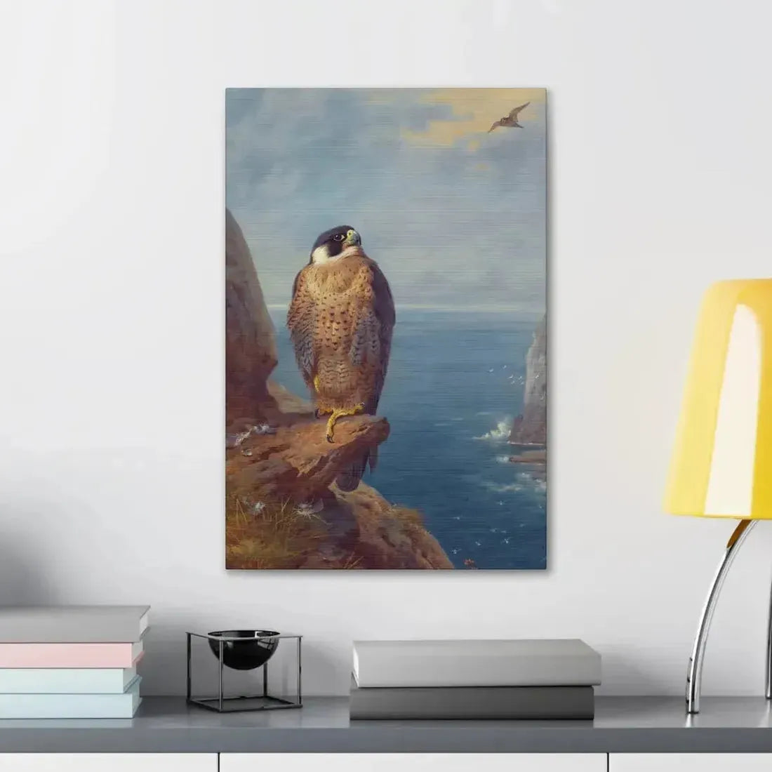 Archibald Thorburn (1860-1935) A Peregrine Falcon Perched on a Sea Cliff - Watercolour with bodycolour o - Canvas Wall Art - The Sticker Space