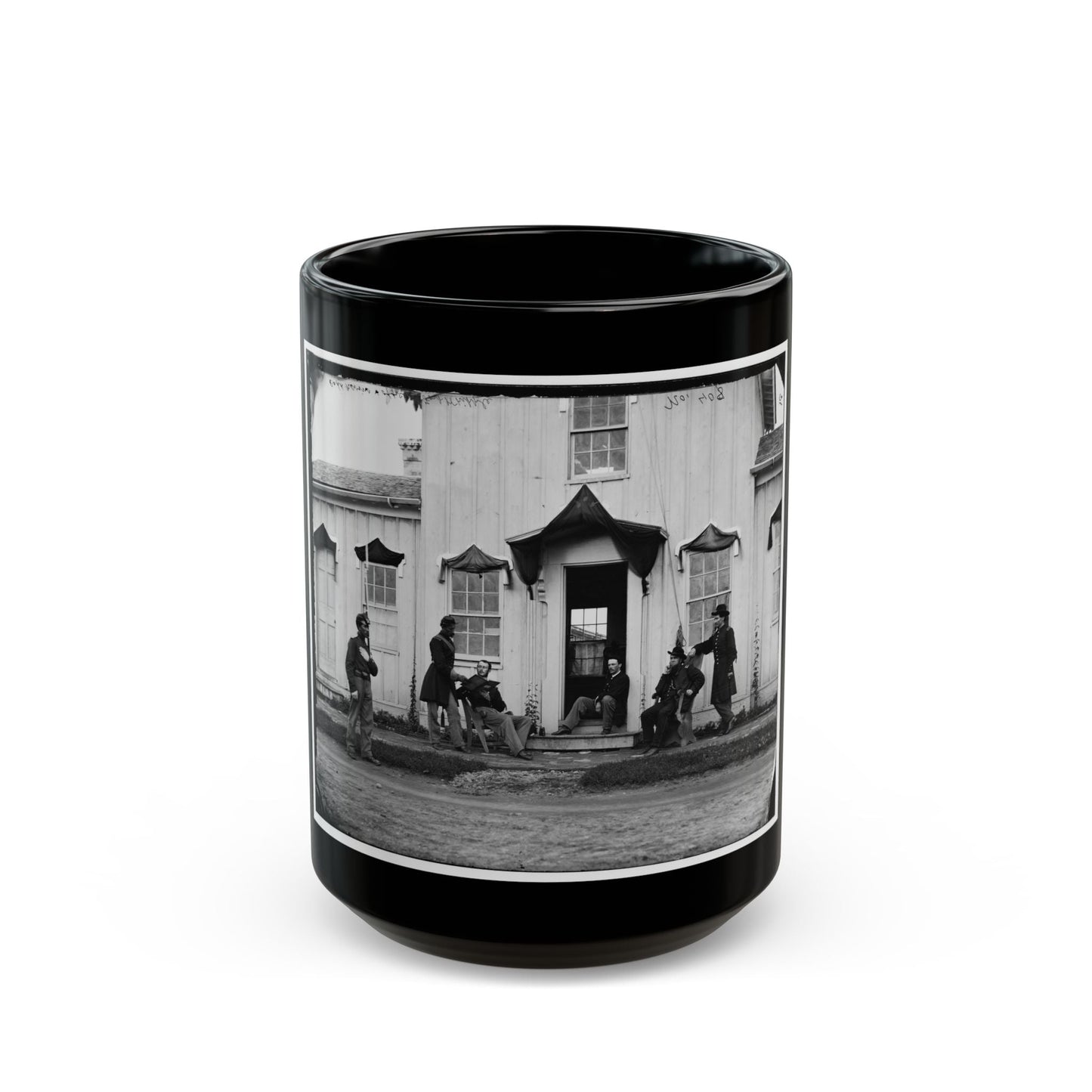 Arlington, Va. Capt. Nevins And Officers In Front Of Headquarters, Fort Whipple; Mourning Crepe Drawn Over Doors And Windows (U.S. Civil War) Black Coffee Mug