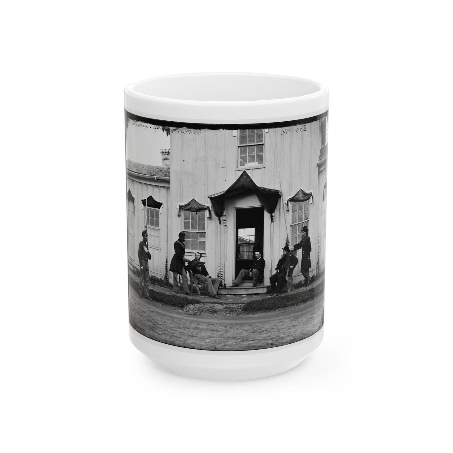 Arlington, Va. Capt. Nevins And Officers In Front Of Headquarters, Fort Whipple; Mourning Crepe Drawn Over Doors And Windows (U.S. Civil War) White Coffee Mug