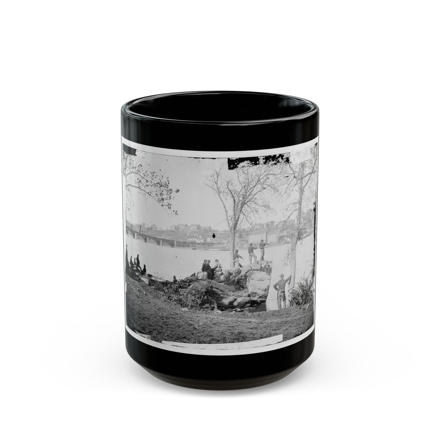 Arlington, Virginia. Georgetown Aqueduct From Virginia Side Of Potomac With Georgetown University In Background (U.S. Civil War) Black Coffee Mug