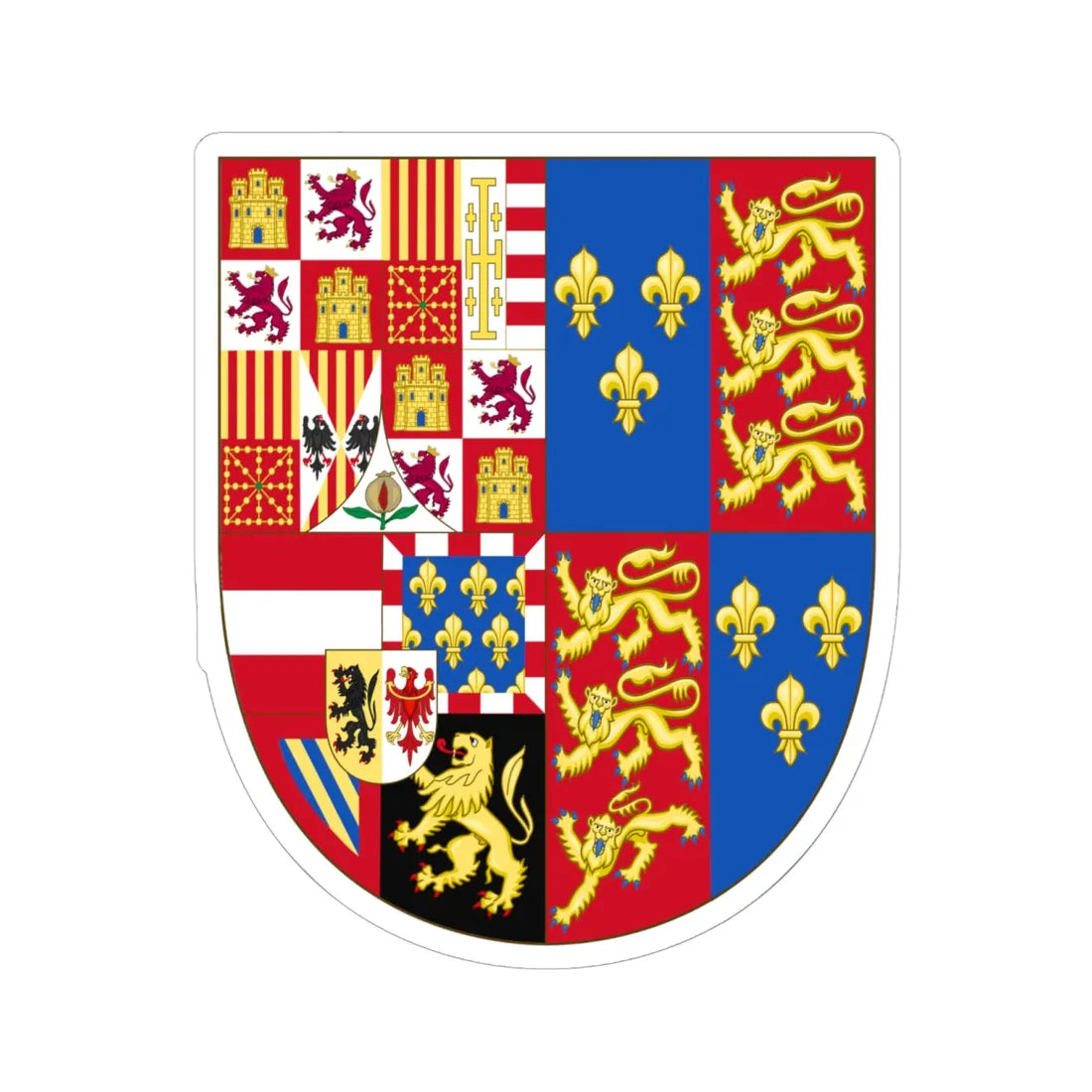 Arms of Philip II of Spain English King Consort-Spanish Variant 1556-1558 (Spain) (Coat of Arms) STICKER Vinyl Kiss-Cut Decal 6 Inch White - The Sticker Space