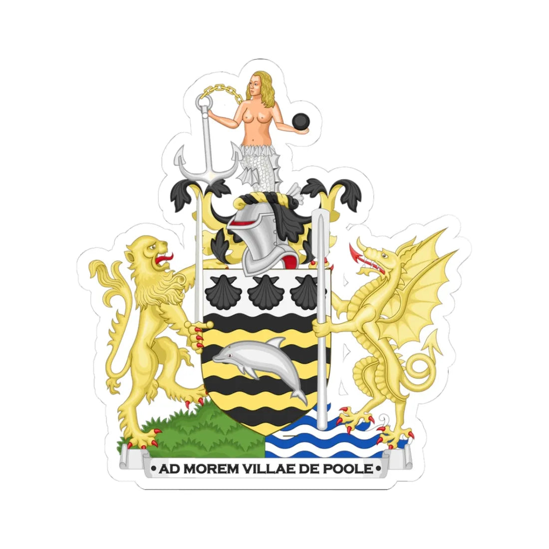 Arms of Poole Naturalistic Dolphin (England) (Coat of Arms) STICKER Vinyl Kiss-Cut Decal 3 Inch White - The Sticker Space