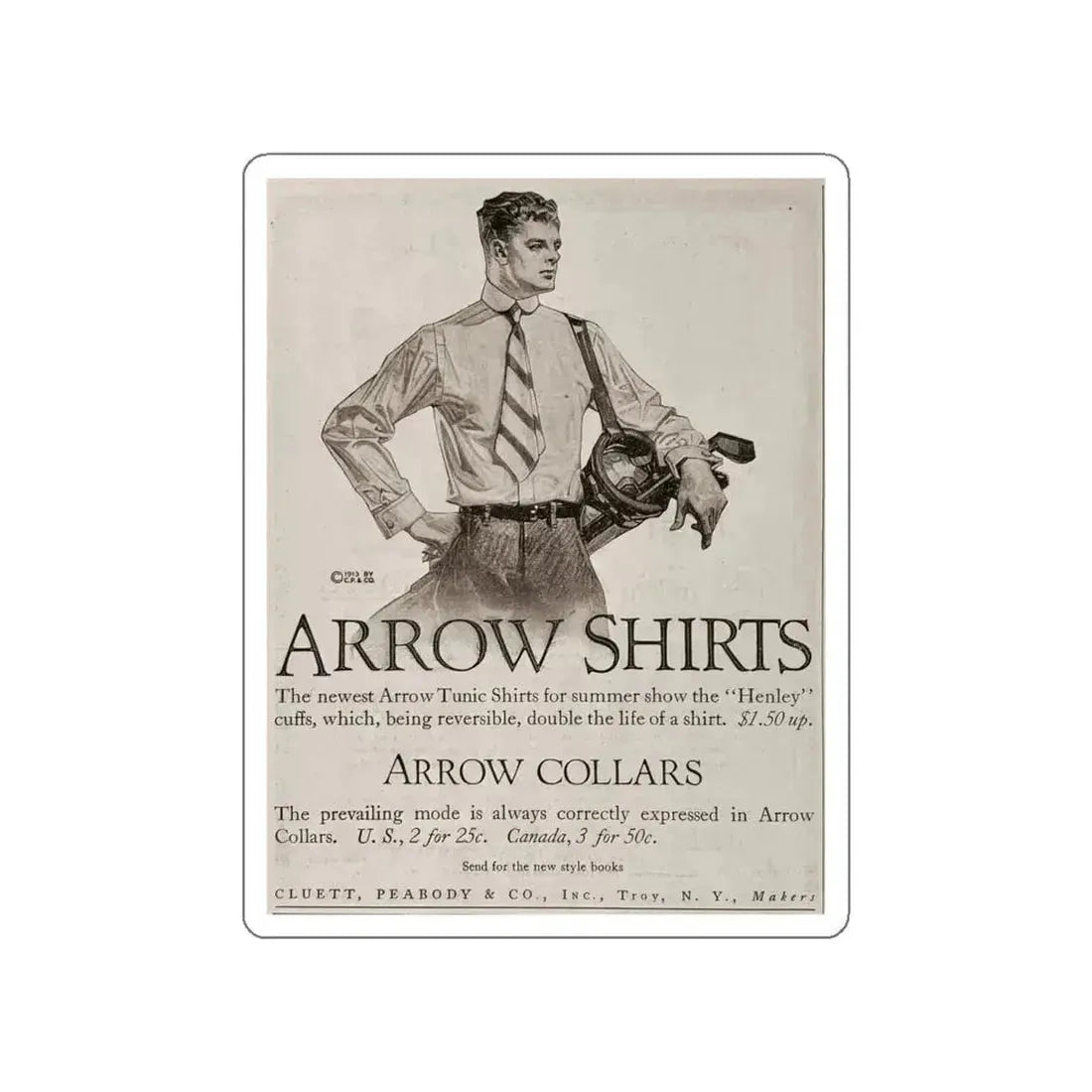 Arrow Collars Magazine Ad, The Saturday Evening Post, June 7, 1913 (Magazine Illustration) STICKER Vinyl Die-Cut Decal White Die-Cut 4 Inch - The Sticker Space