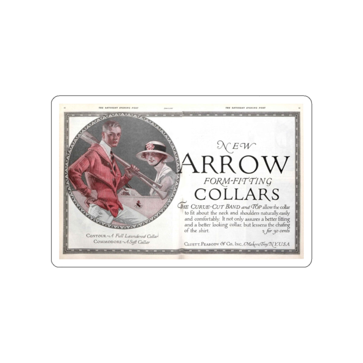 Arrow Collars Magazine Ad, The Saturday Evening Post, June 9, 1917 (Magazine Illustration) STICKER Vinyl Die-Cut Decal-White-The Sticker Space