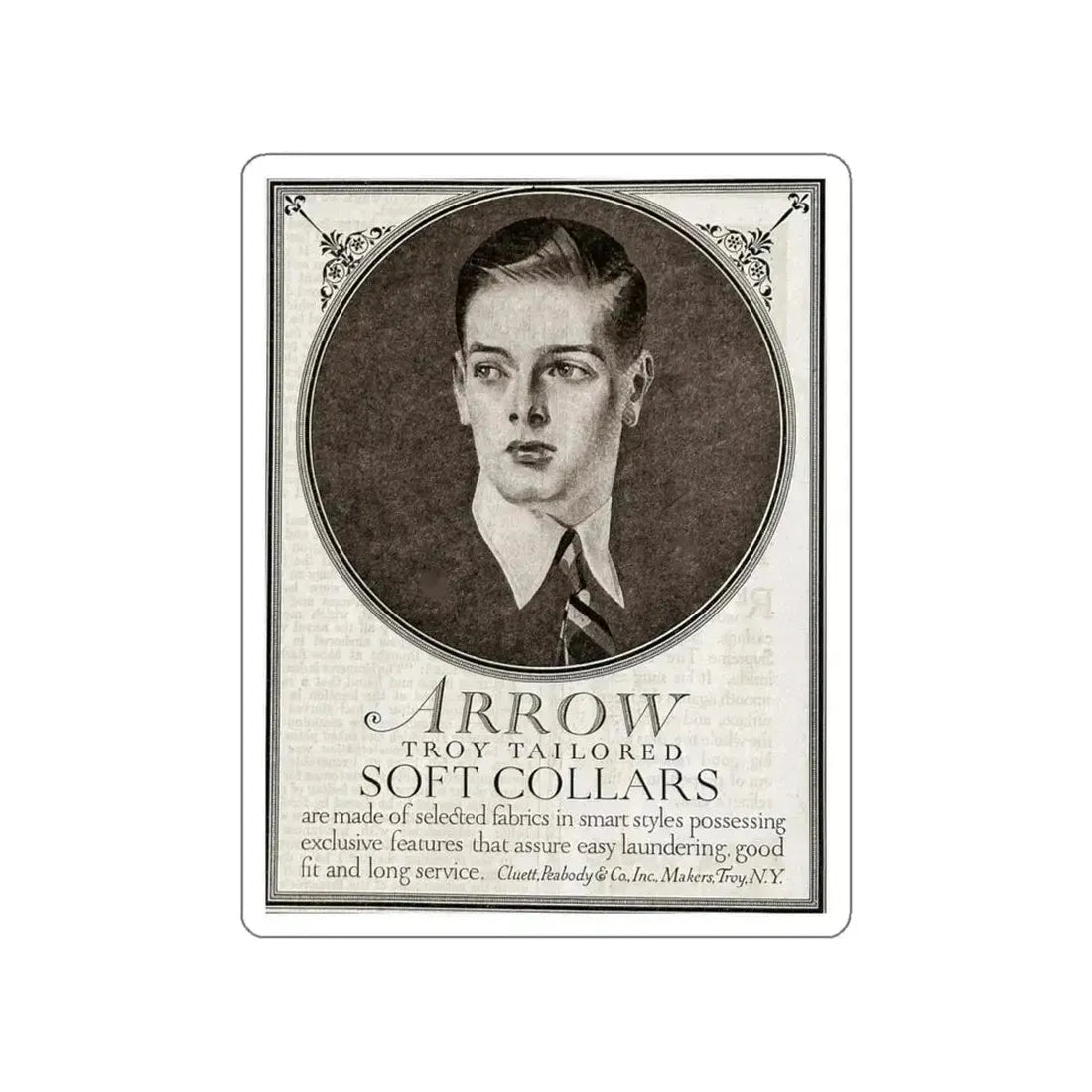Arrow Troy Tailored Soft Collars ad, The Saturday Evening Post, July 26, 1919 (Magazine Illustration) STICKER Vinyl Die-Cut Decal White Die-Cut 4 Inch - The Sticker Space
