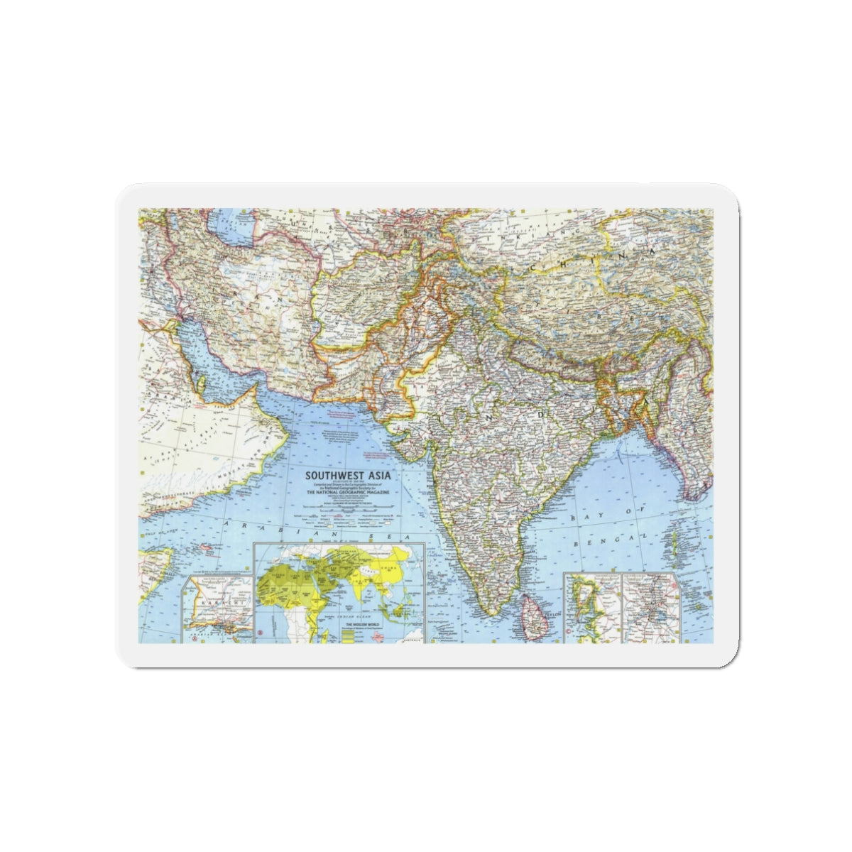 Asia - Southwest (1963) (Map) Refrigerator Magnet-3" x 3"-The Sticker Space