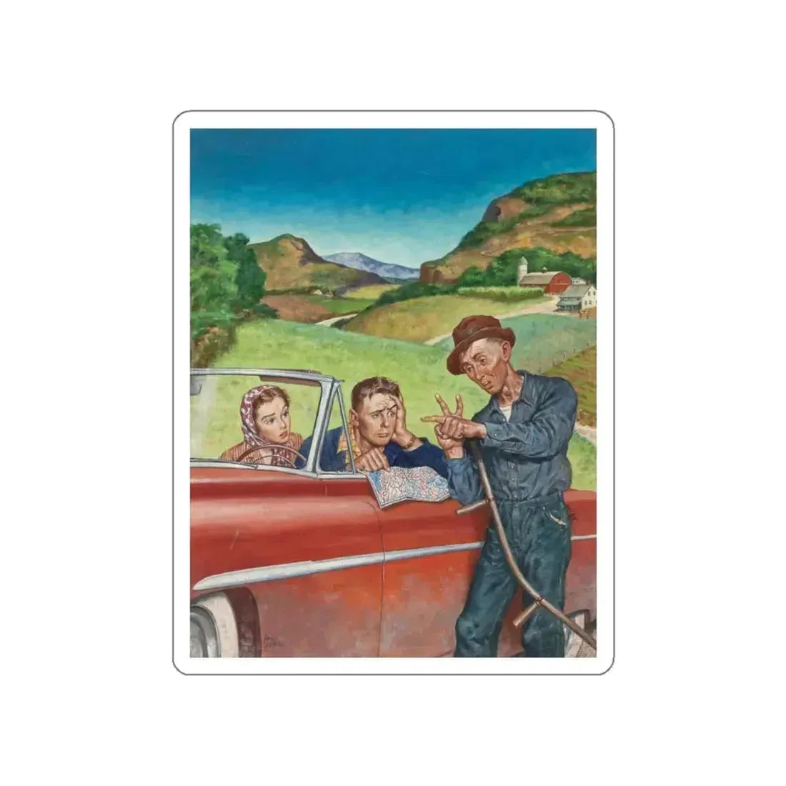 Asking for Directions, The Saturday Evening Post cover, July 9, 1955 (Magazine Illustration) STICKER Vinyl Die-Cut Decal White Die-Cut 3 Inch - The Sticker Space