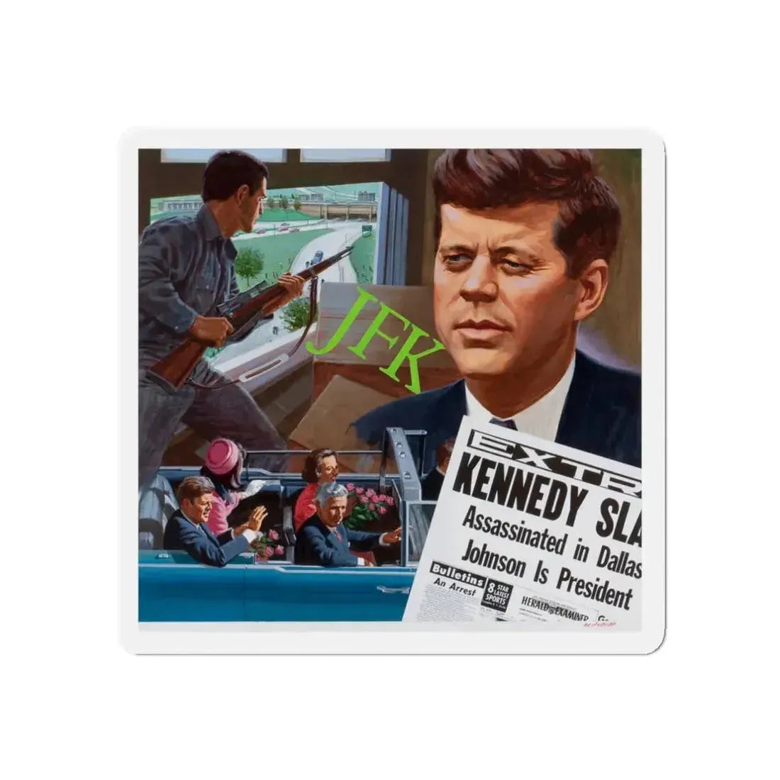 Assassination of John F. Kennedy, October 1980 (Magazine Illustration) Refrigerator Magnet 3 Inch Die-Cut - The Sticker Space