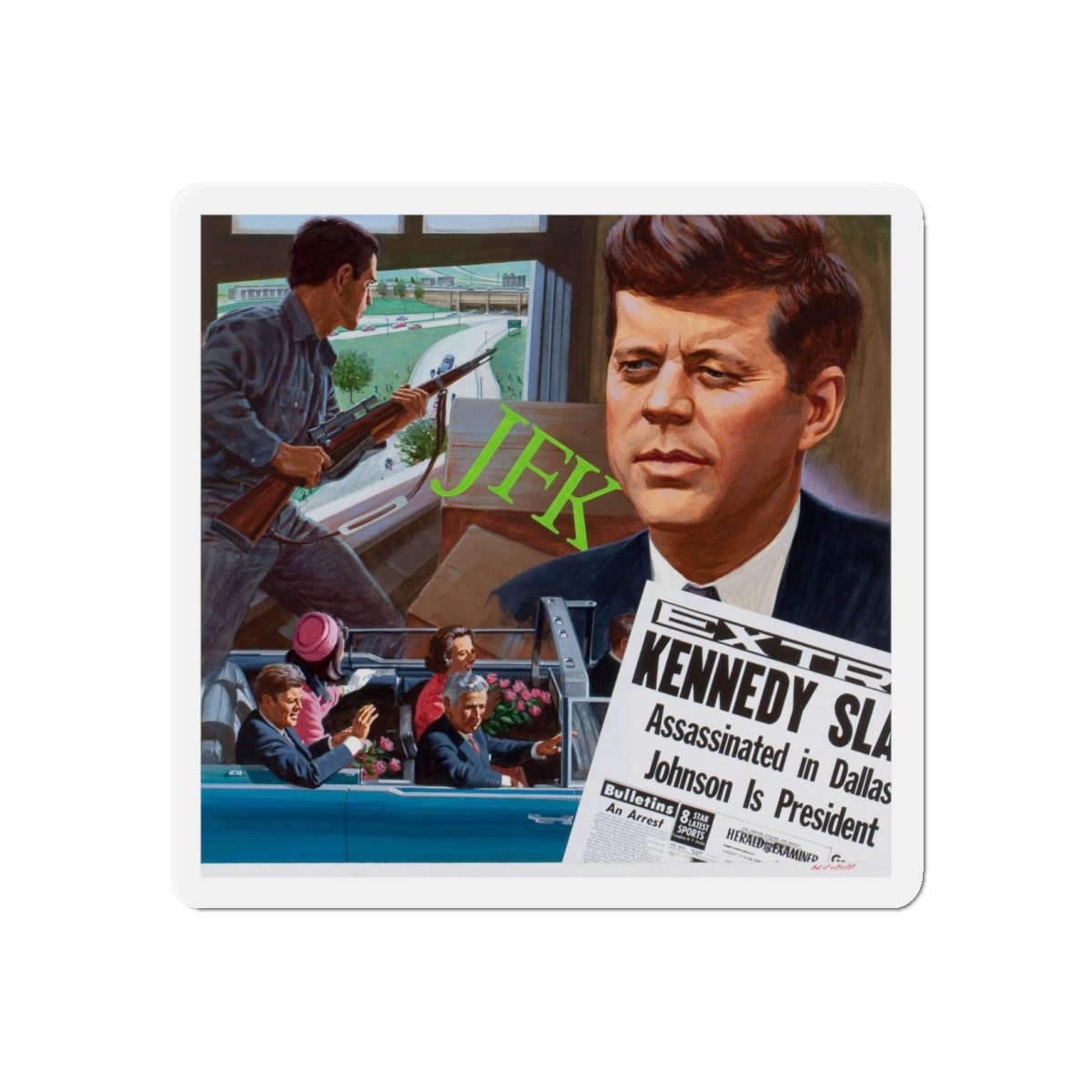 Assassination of John F. Kennedy, October 1980 (Magazine Illustration) Refrigerator Magnet-4" x 4"-The Sticker Space