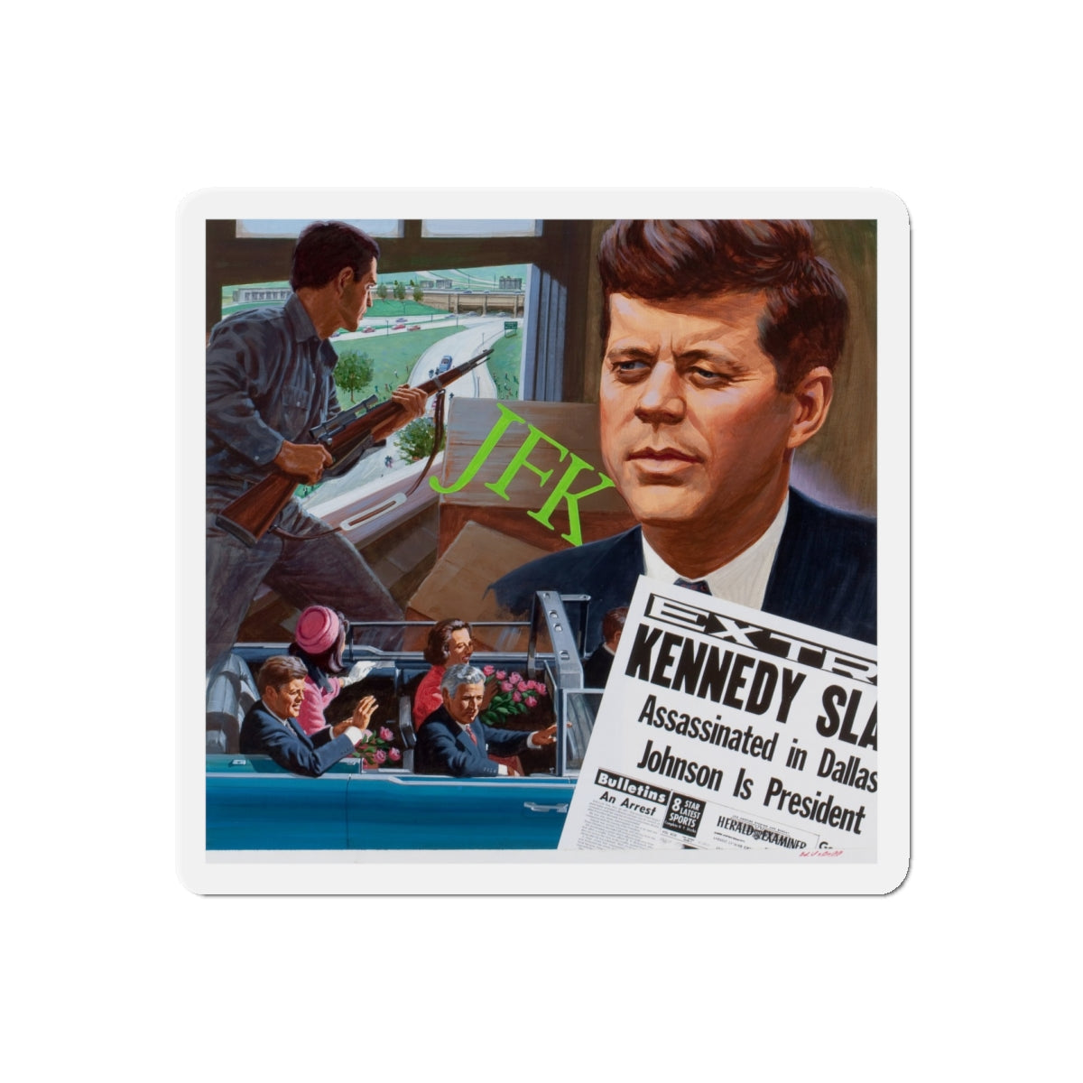 Assassination of John F. Kennedy, October 1980 (Magazine Illustration) Refrigerator Magnet-5" x 5"-The Sticker Space