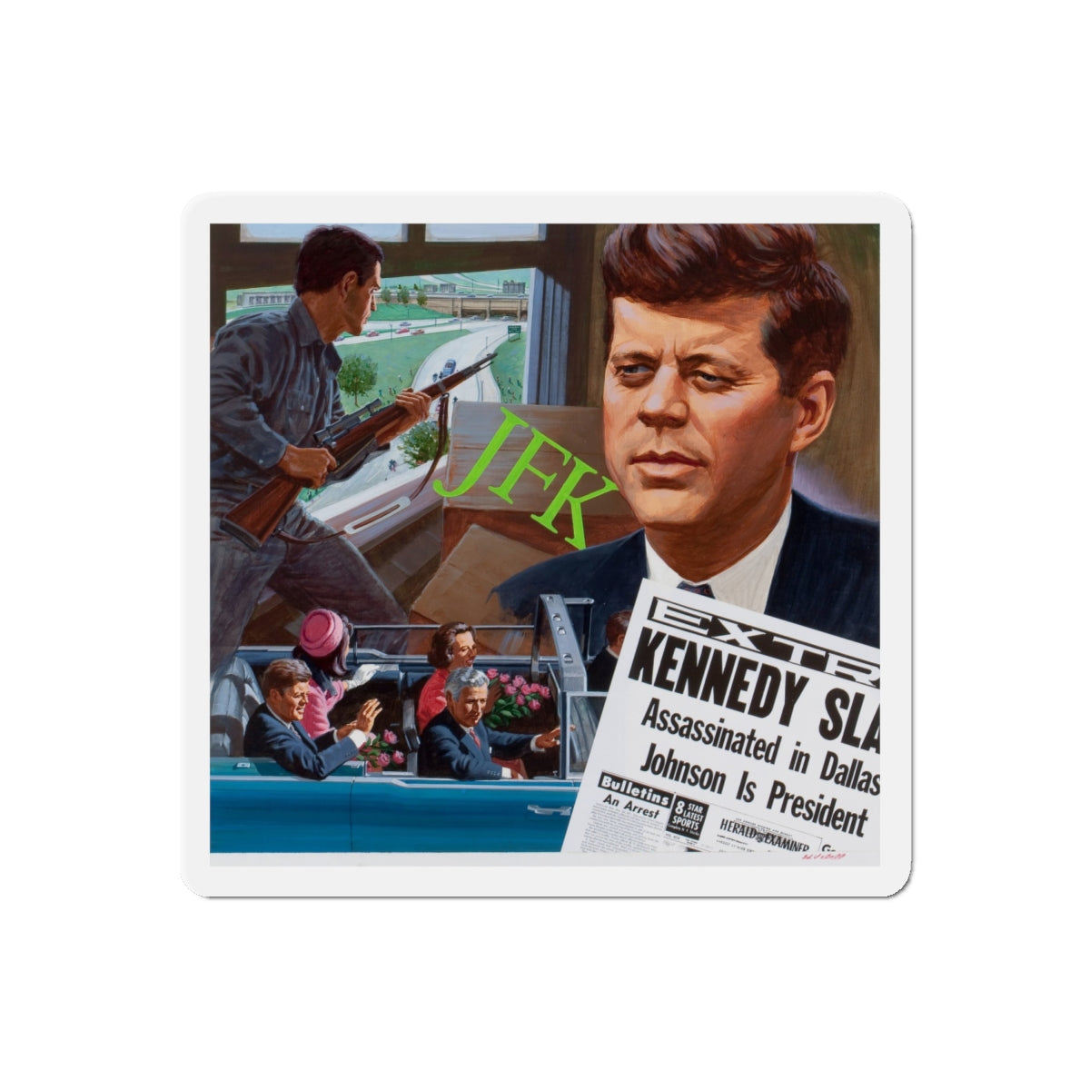 Assassination of John F. Kennedy, October 1980 (Magazine Illustration) Refrigerator Magnet-6" × 6"-The Sticker Space