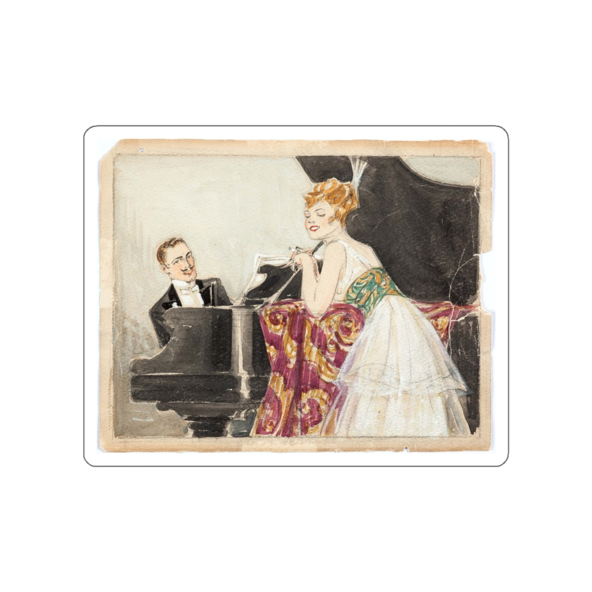 At the Piano Illustration (c. 1910s) (Magazine Illustration) STICKER Vinyl Die-Cut Decal-White-The Sticker Space