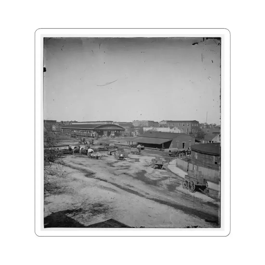 Atlanta, Ga. Railroad Depot and Yard; Trout House and Masonic Hall in Background (U.S. Civil War) STICKER Vinyl Kiss-Cut Decal 3 Inch White - The Sticker Space