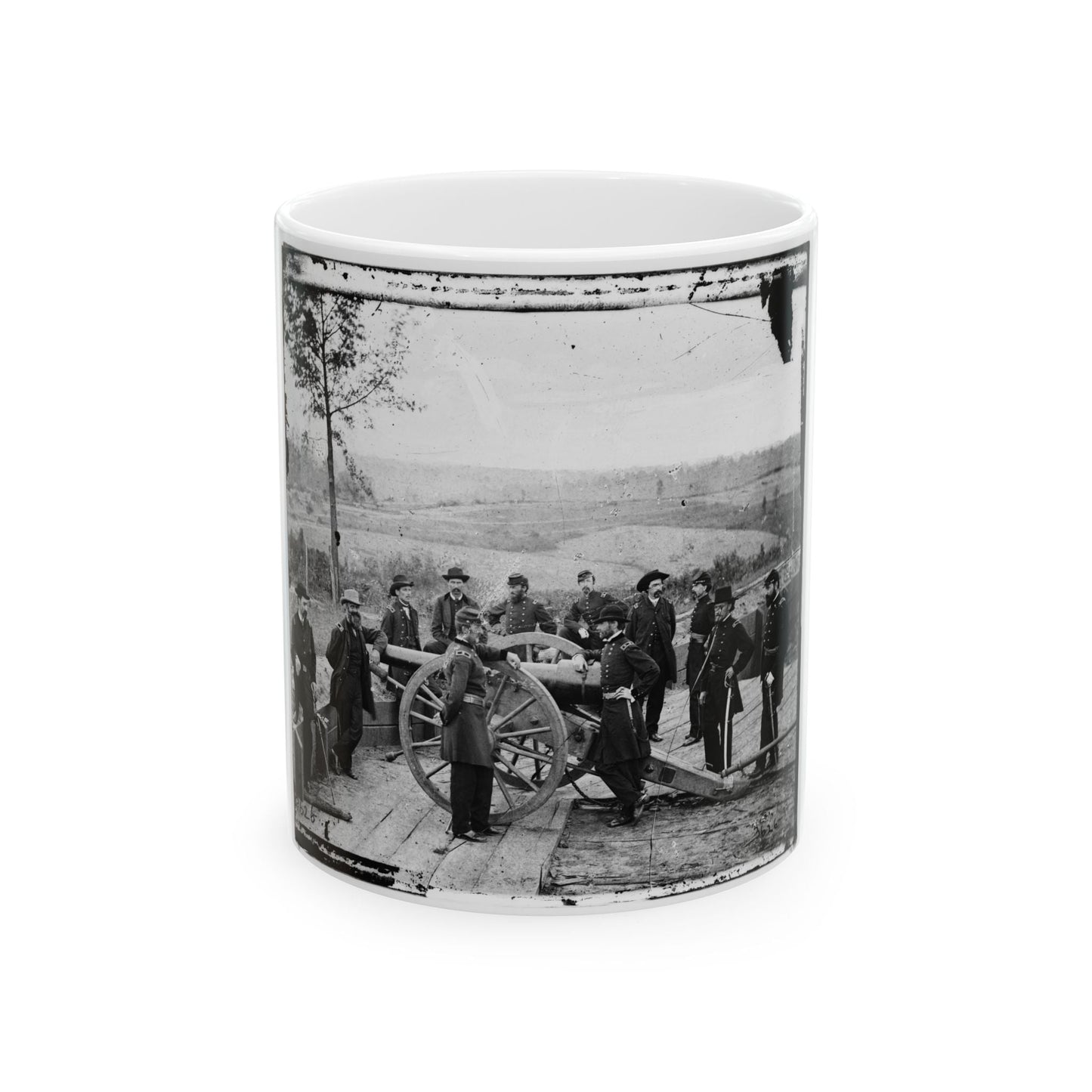 Atlanta, Ga. Gen. William T. Sherman, Leaning On Breach Of Gun, And Staff At Federal Fort No. 7 (U.S. Civil War) White Coffee Mug