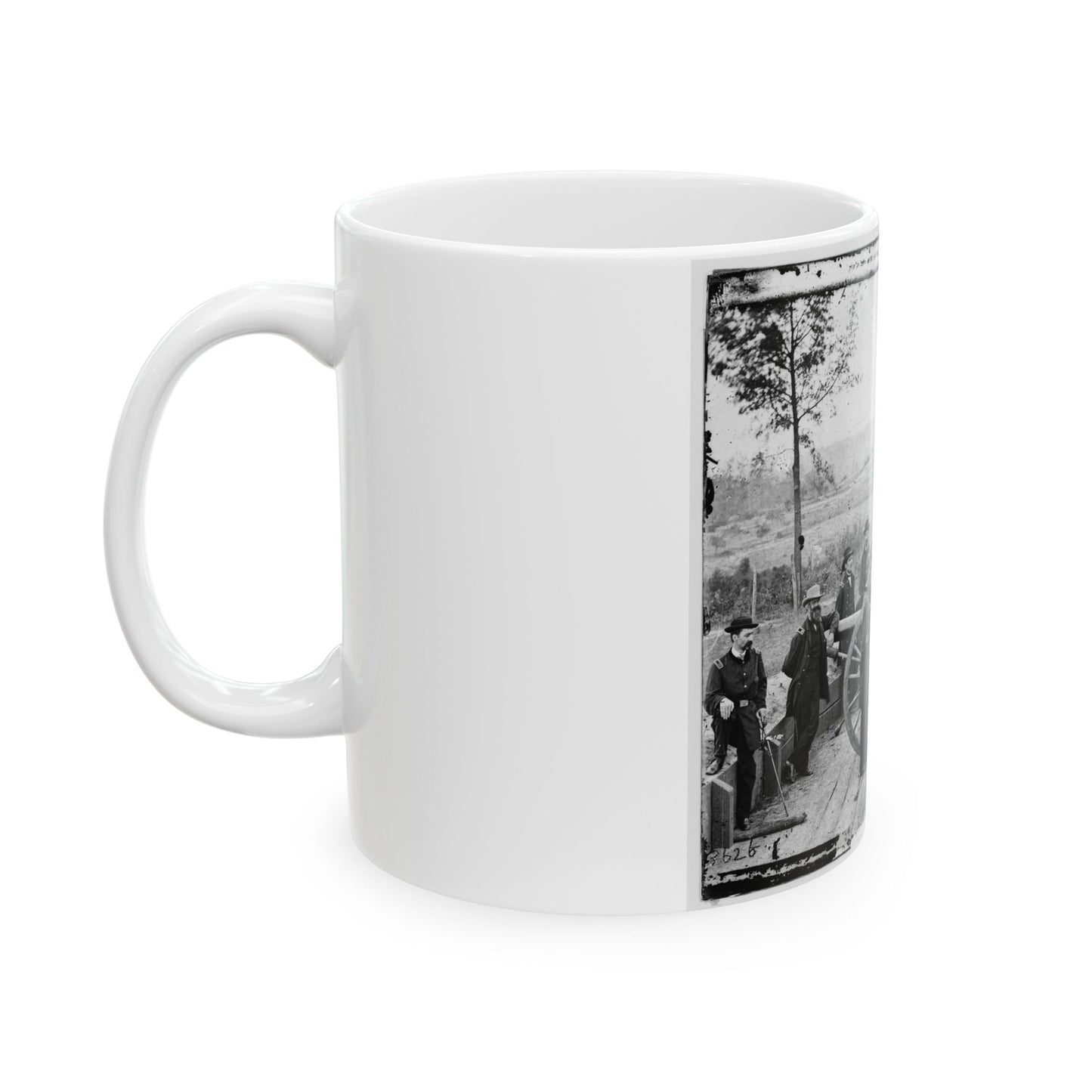 Atlanta, Ga. Gen. William T. Sherman, Leaning On Breach Of Gun, And Staff At Federal Fort No. 7 (U.S. Civil War) White Coffee Mug