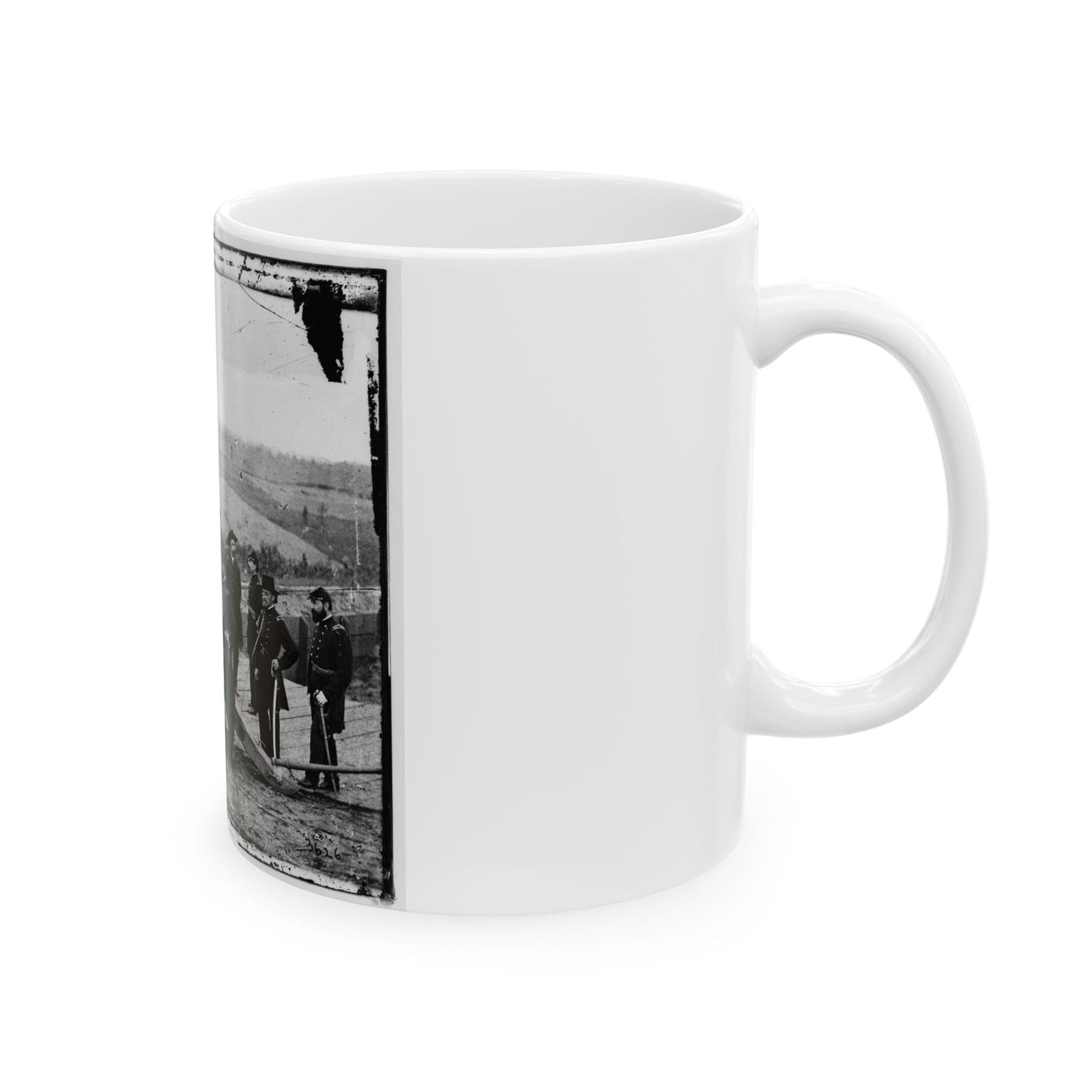 Atlanta, Ga. Gen. William T. Sherman, Leaning On Breach Of Gun, And Staff At Federal Fort No. 7 (U.S. Civil War) White Coffee Mug