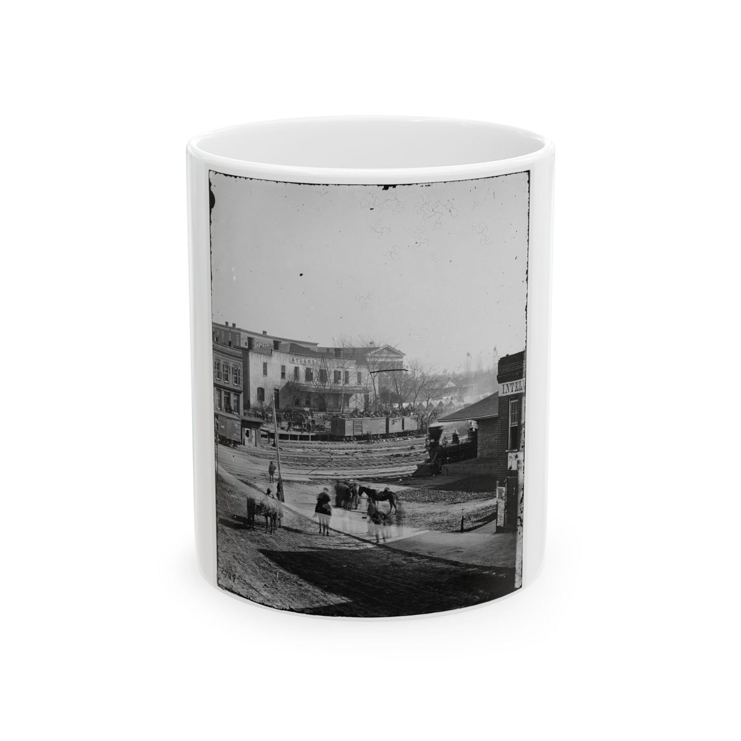 Atlanta, Ga. Soldiers On Boxcars At Railroad Depot (U.S. Civil War) White Coffee Mug